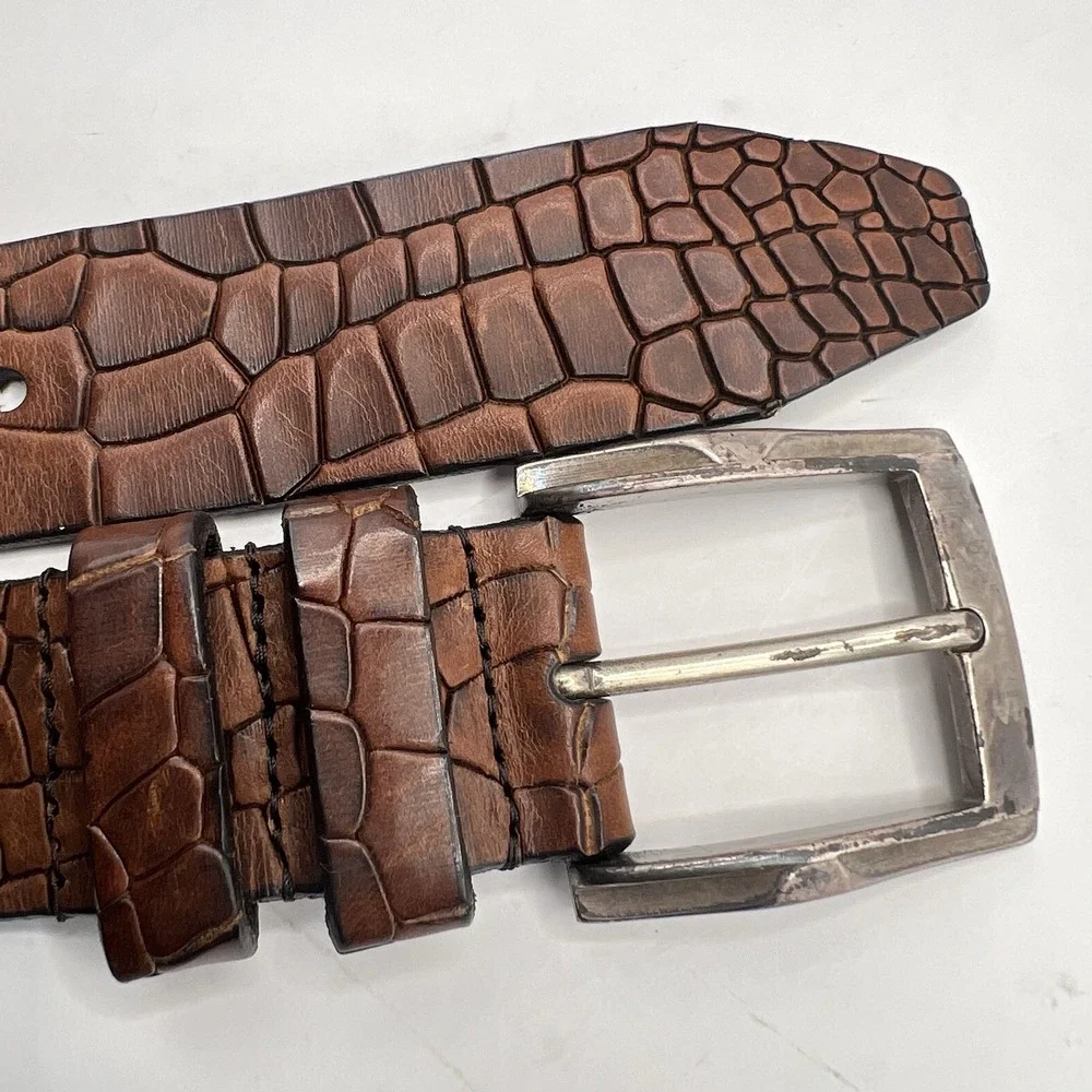 Allen Edmonds Handcrafted USA Leather Belt Brass Buckle Italy 36 Brown Reptile
